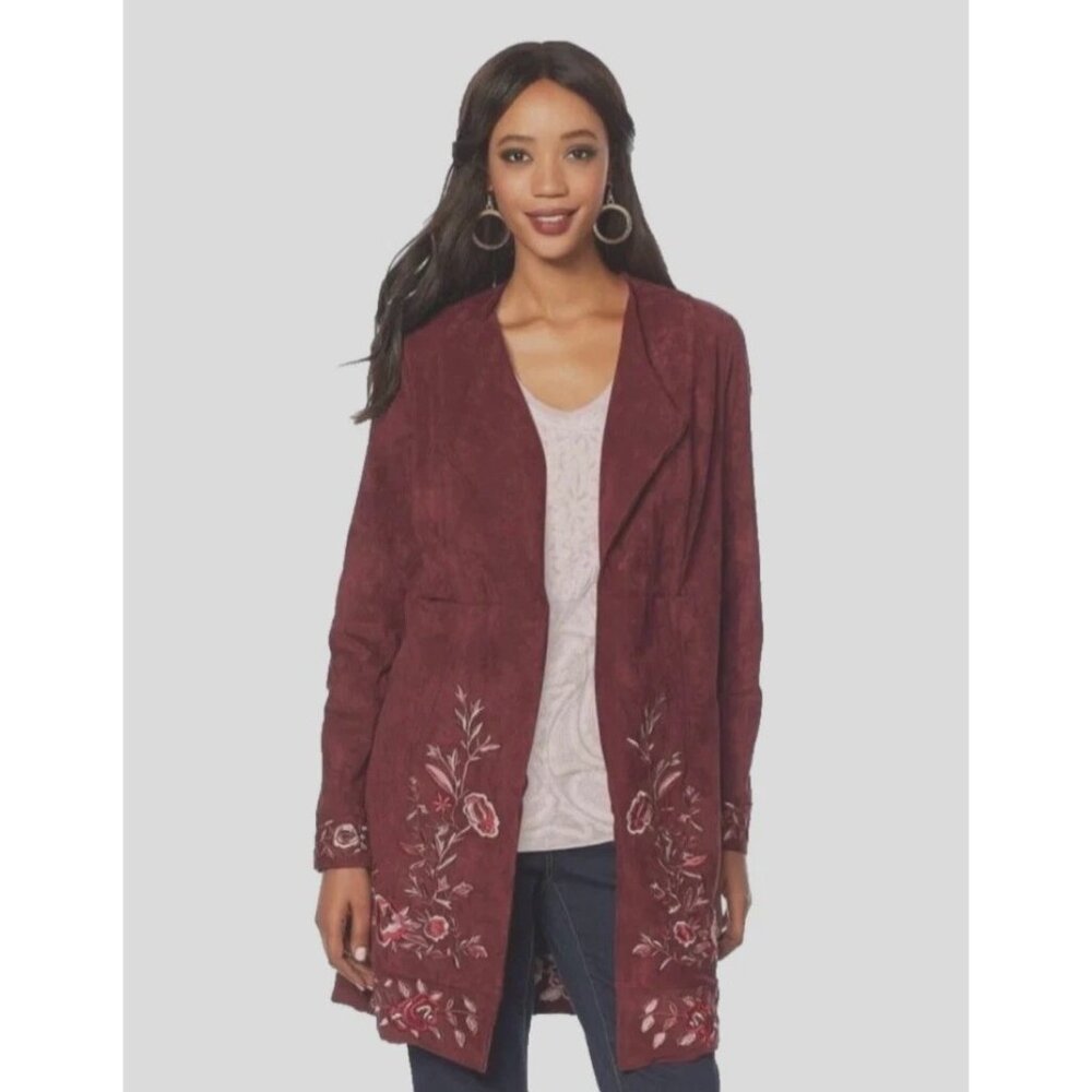 Curations Burgandy Bohemian Floral Faux Suede Lightweight Topper Jacket Size S